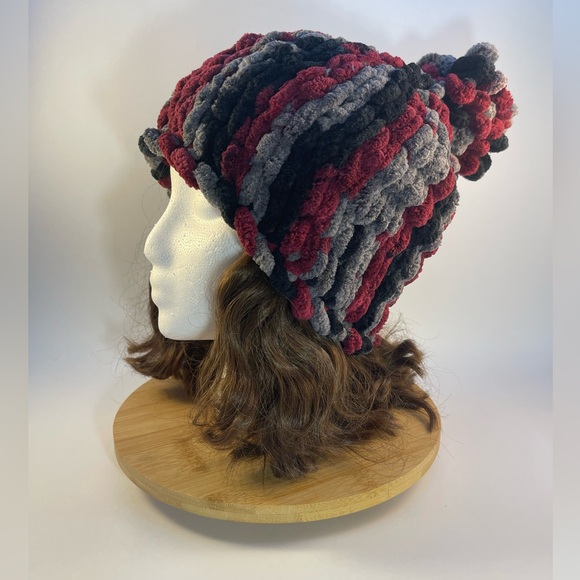 Handmade Women’s/Junior’s Winter Hat With Loopy Pom-Pom- Cranberry, Gray & Black - Picture 5 of 9